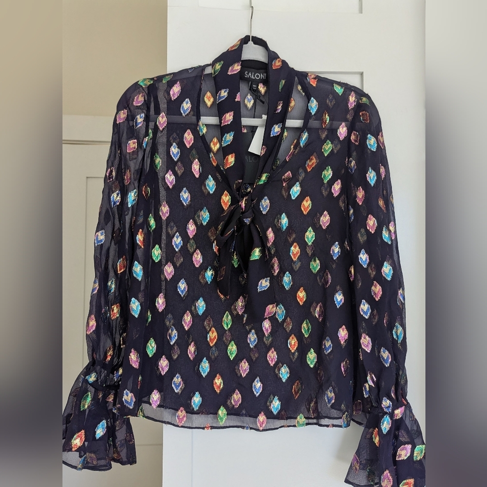 Saloni Lauren Top Jacquard Lurex Multicolor Sheer Women's Bow Top. Size 4 NWT